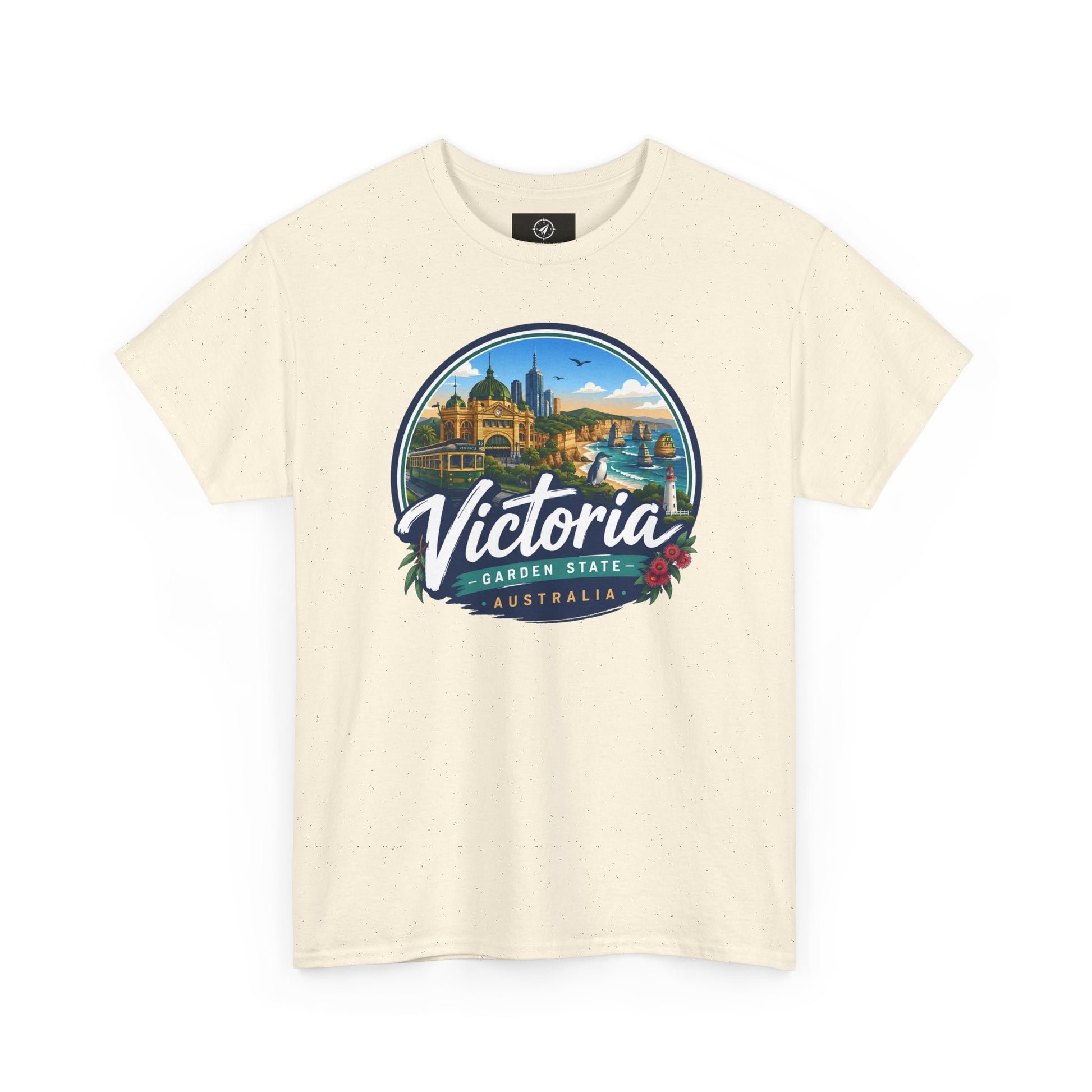 Natural off-white travel tee with Victoria graphic logo on the chest