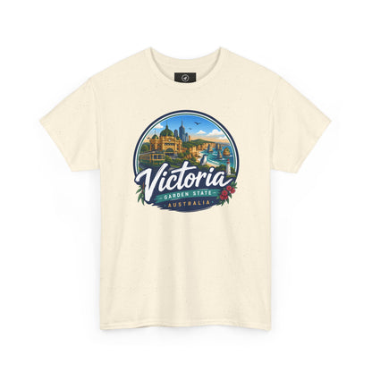 Natural off-white travel tee with Victoria graphic logo on the chest
