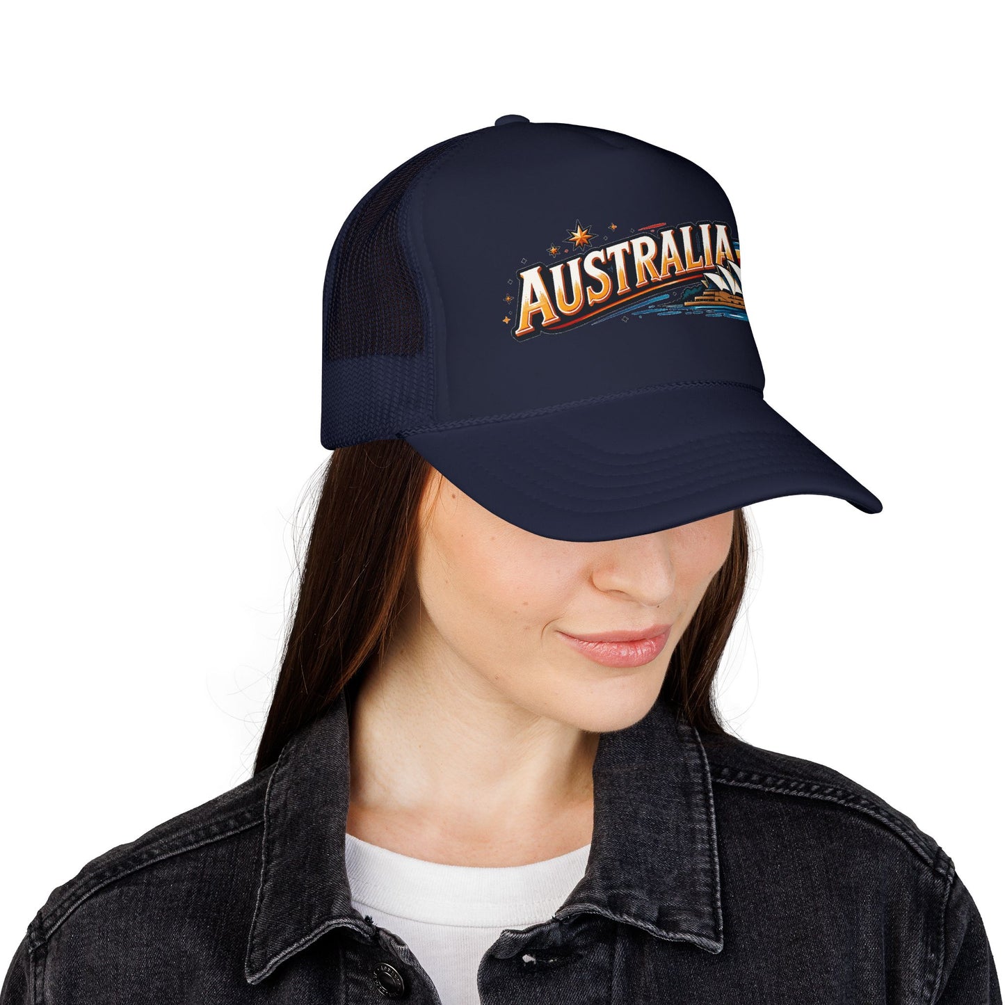 Dark navy trucker cap with mesh back and Australia logo patch on the front