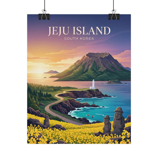 Jeju Island South Korea scenic wall poster with mountain, coast lighthouse, and flowers