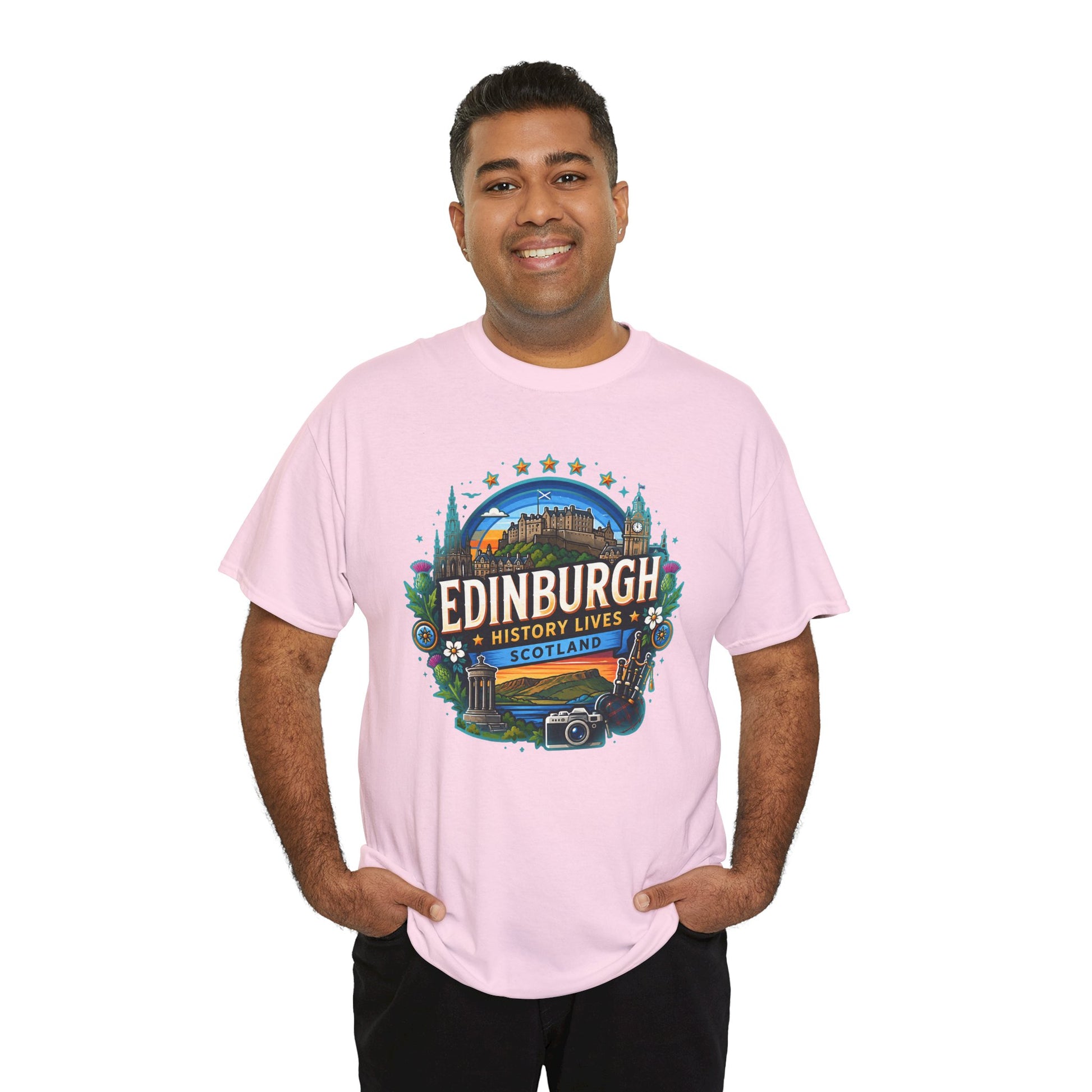 Light pink travel T-shirt with front circular Edinburgh graphic and crew neck