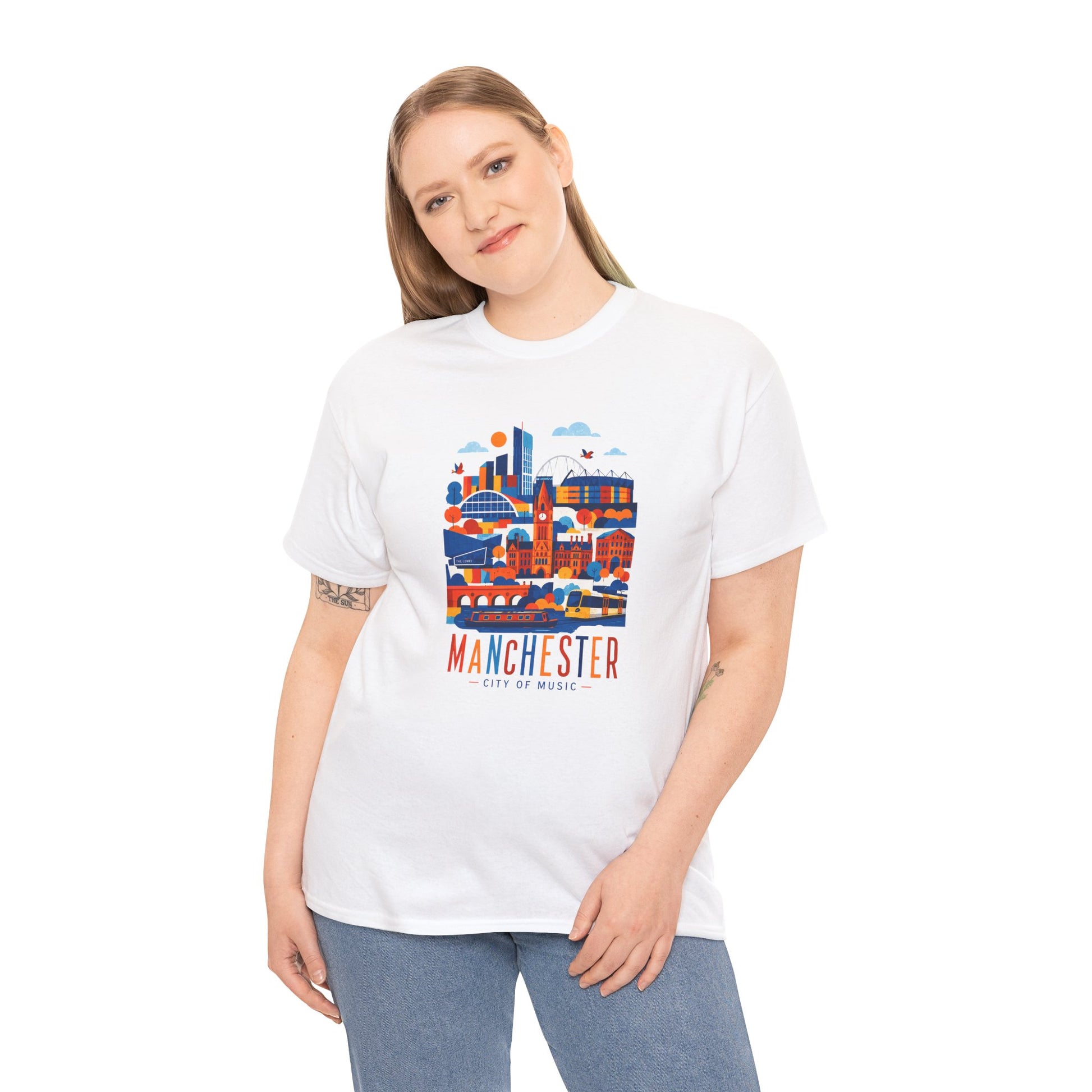 Manchester Skyline T-shirt, white crew neck with Manchester skyline graphic, angled side pose