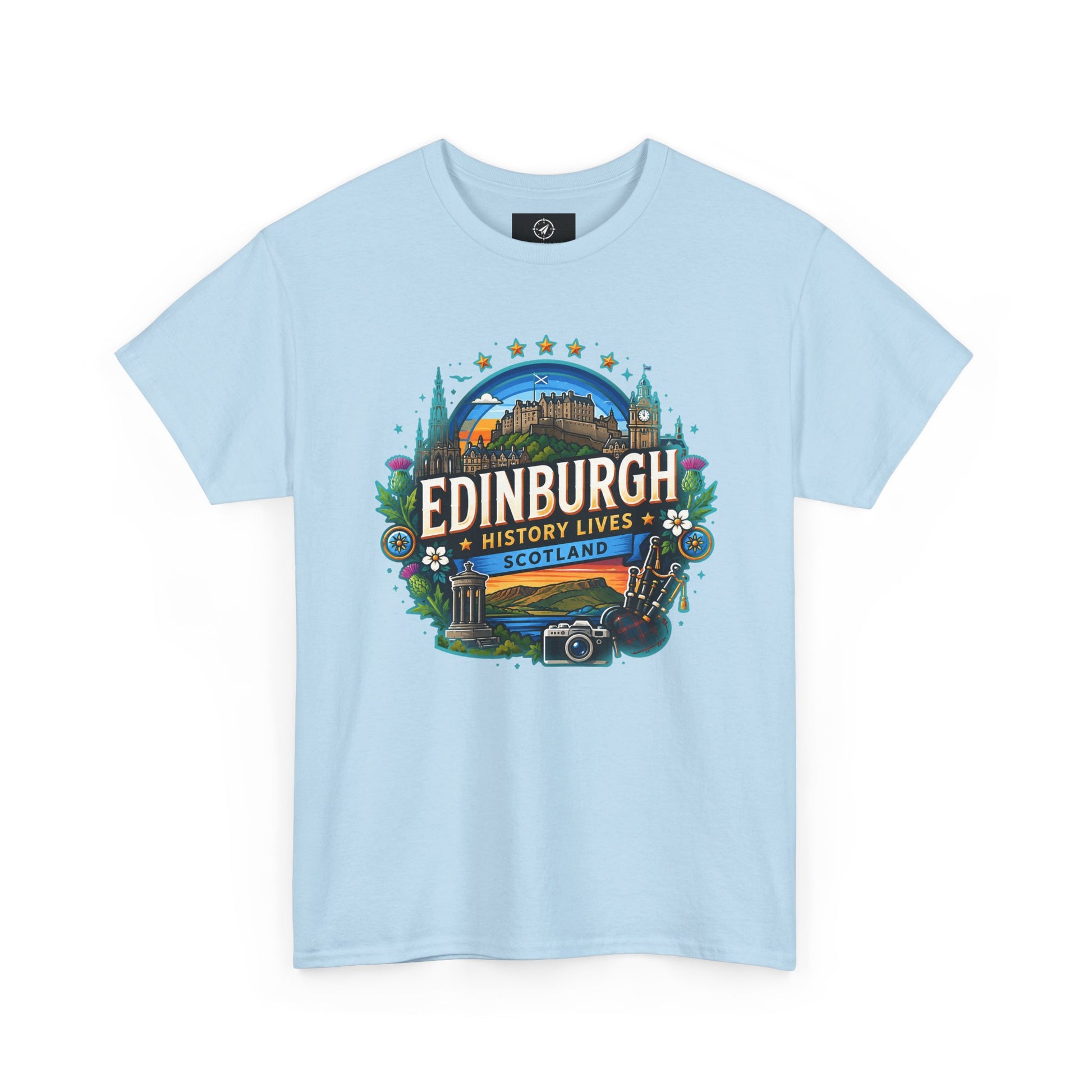 Light blue travel T-shirt with crew neck and colorful Edinburgh front graphic