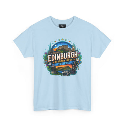 Light blue travel T-shirt with crew neck and colorful Edinburgh front graphic