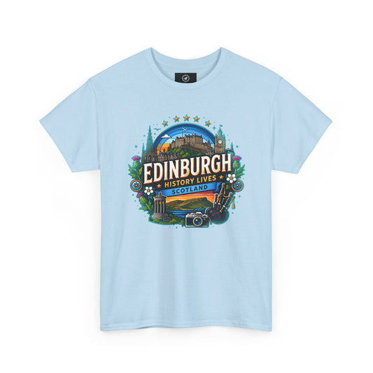 Light blue travel T-shirt with crew neck and colorful Edinburgh front graphic