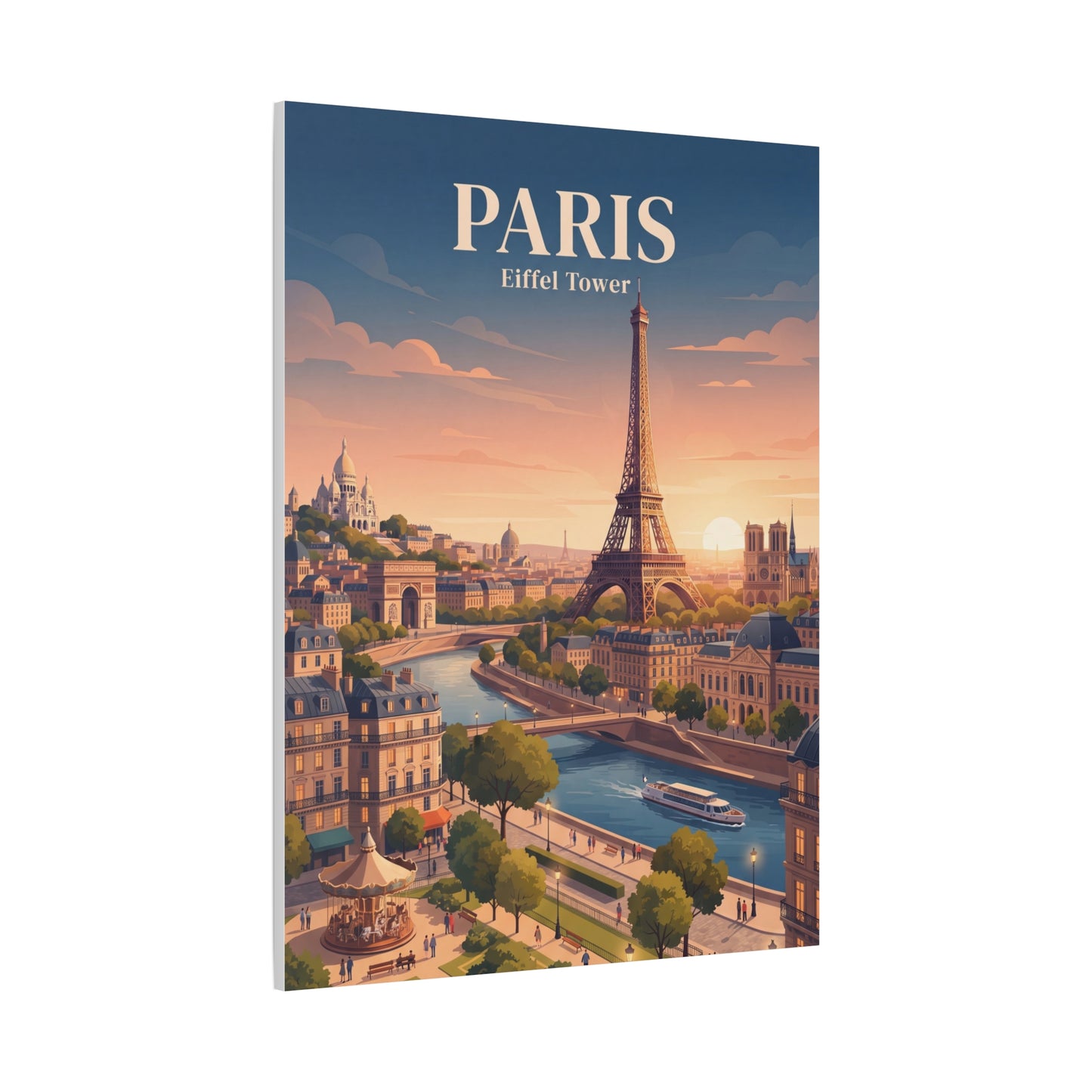 Matte canvas wall art of PARIS with Eiffel Tower centered above a city river at dusk