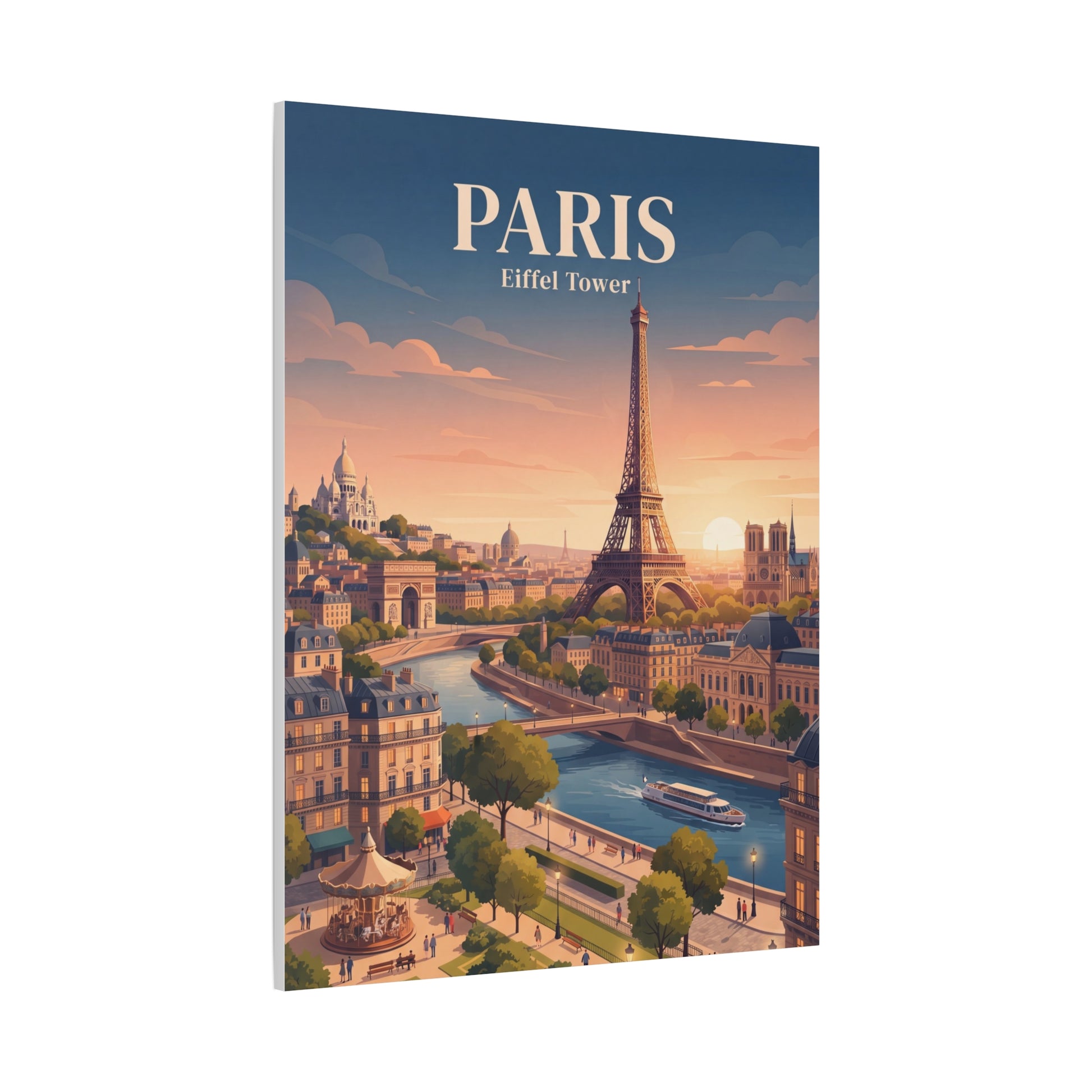 Matte canvas wall art of PARIS with Eiffel Tower centered above a city river at dusk