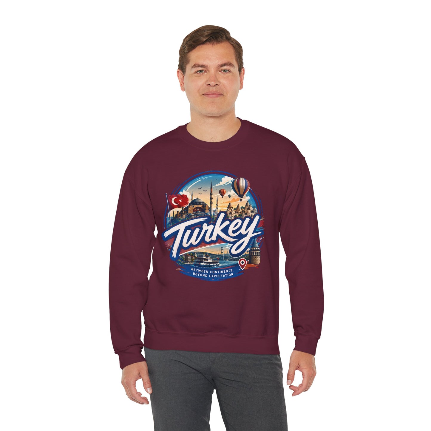 Maroon crewneck sweatshirt with Turkey graphic, front view, long sleeves