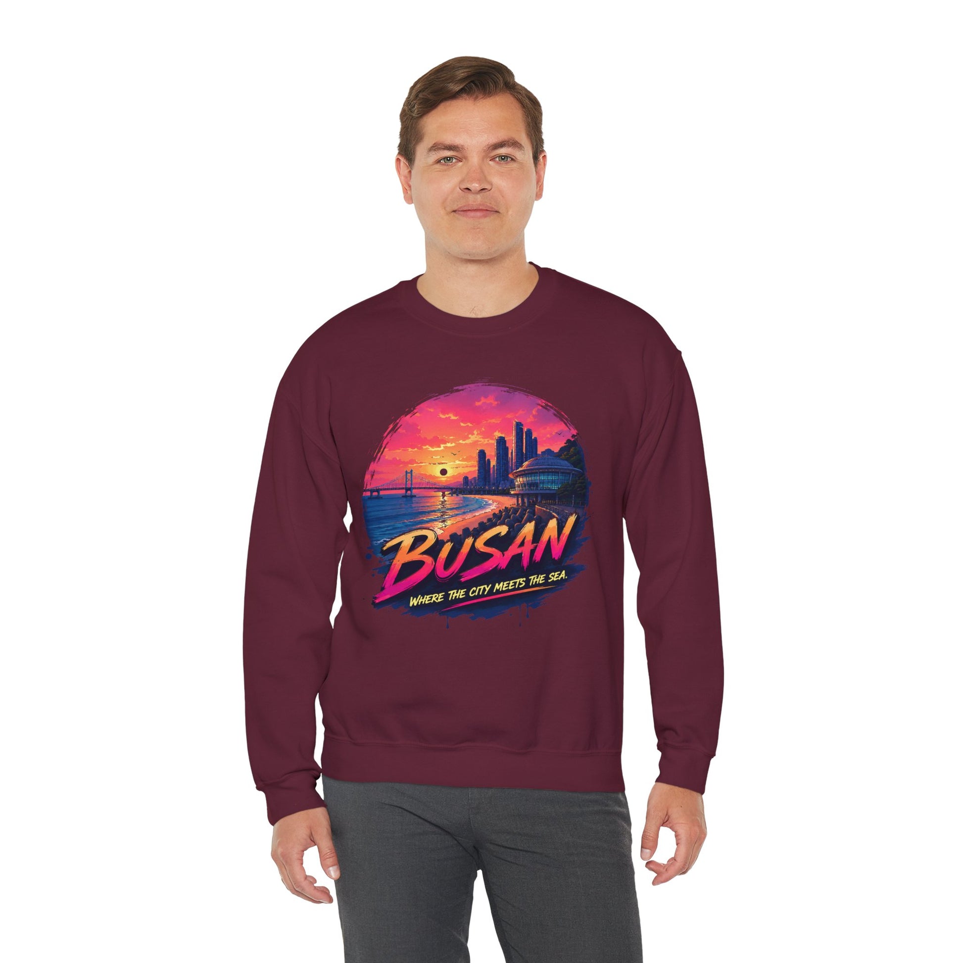Maroon crewneck sweatshirt with Busan sunset chest graphic, long sleeves