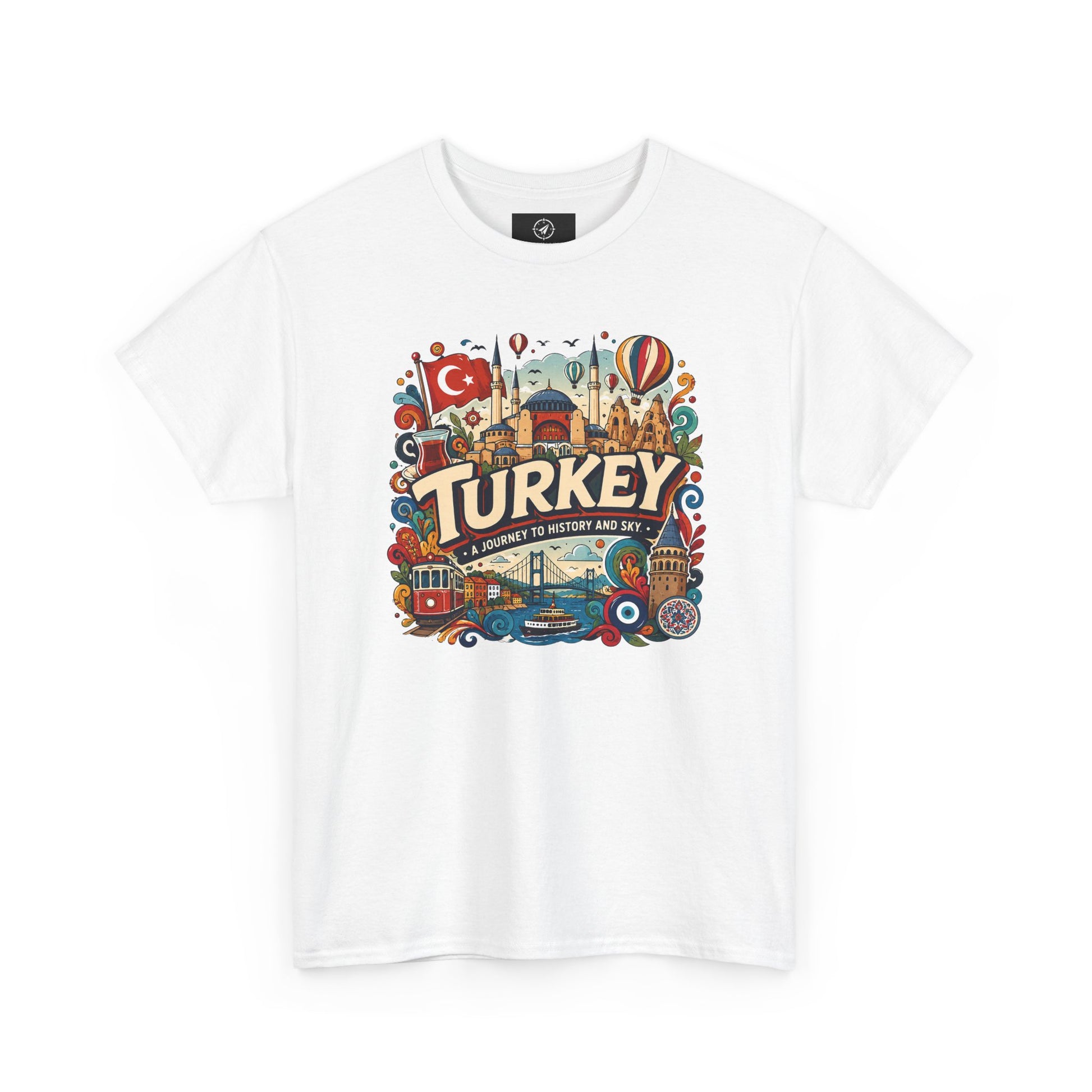 White crewneck graphic tee with colorful “Turkey” Istanbul landmark print