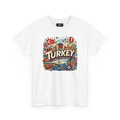 White crewneck graphic tee with colorful “Turkey” Istanbul landmark print