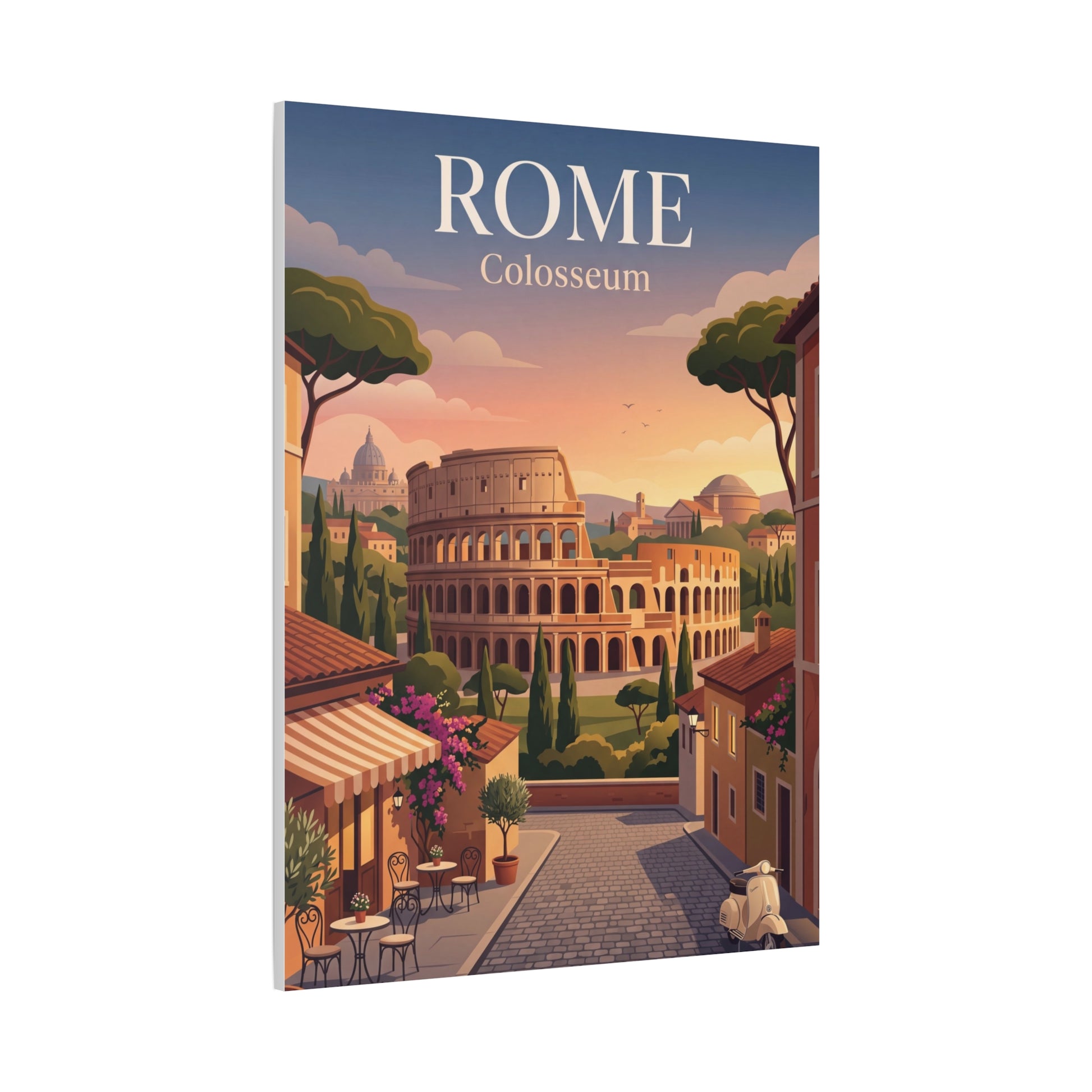 Tall portrait matte canvas print showing Rome Colosseum skyline with “ROME” heading