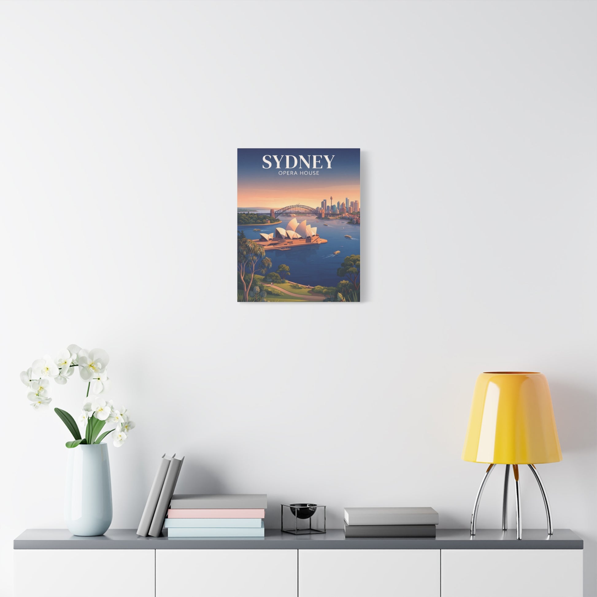 Square canvas wall art of Sydney Opera House at sunset with “SYDNEY” title