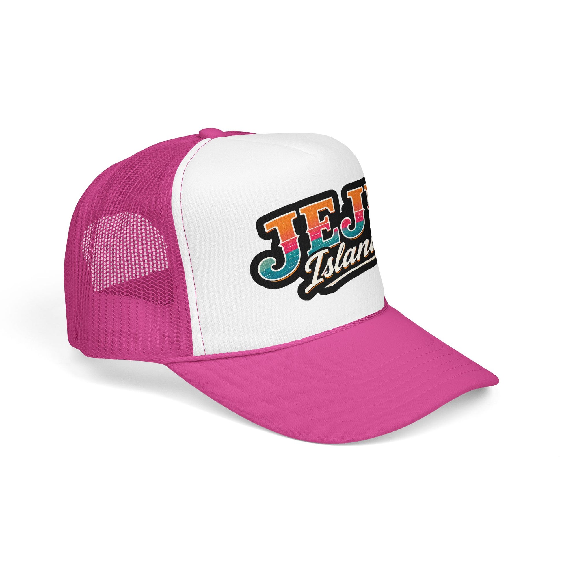 Magenta and white foam trucker cap with 'JEJU Island' logo on front and curved brim
