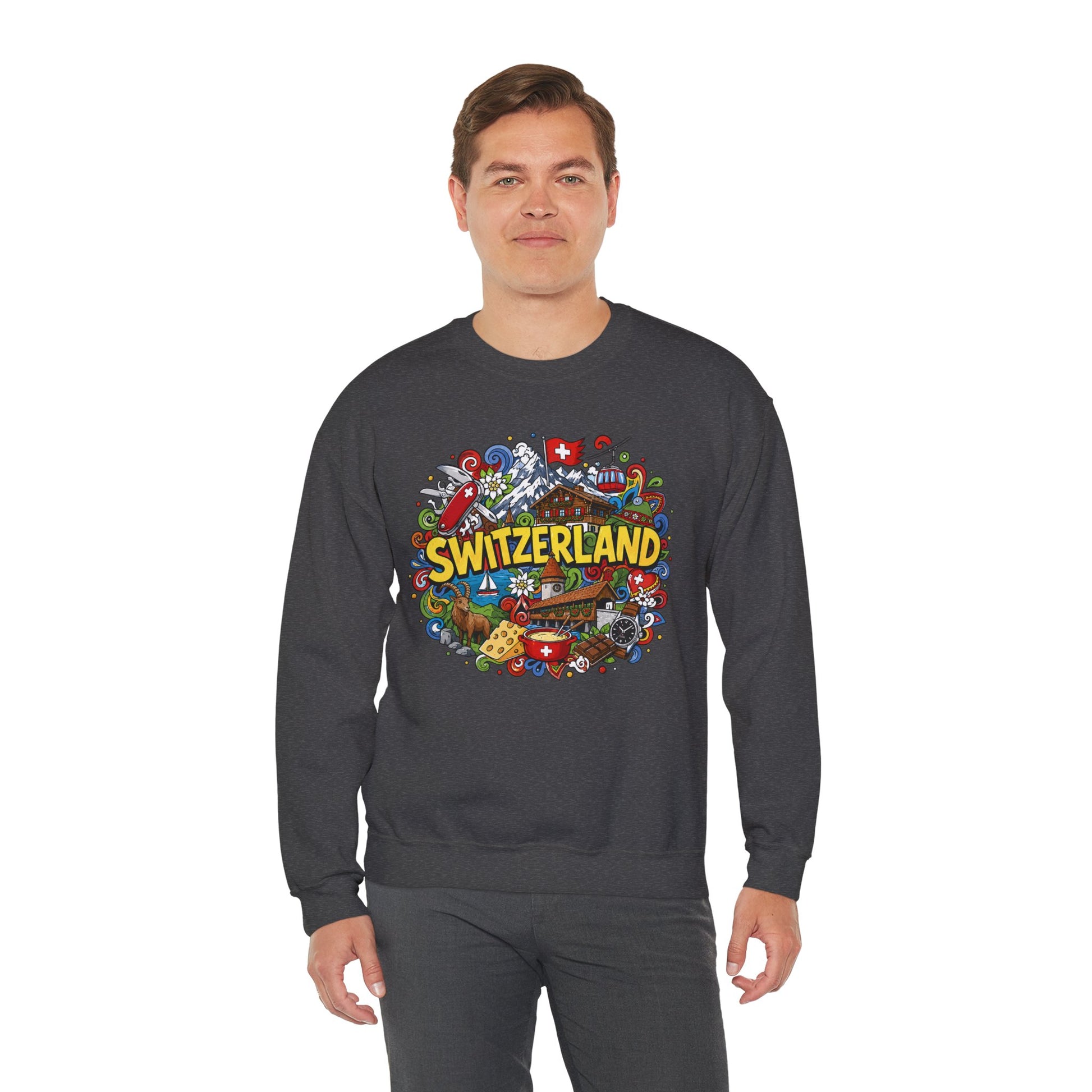 Dark gray crewneck sweatshirt with colorful Switzerland graphic on the front