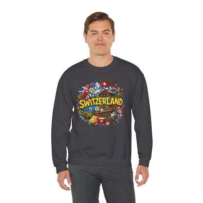 Dark gray crewneck sweatshirt with colorful Switzerland graphic on the front
