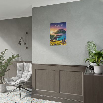 Jeju Island mini wall poster centered above console in bright modern living room