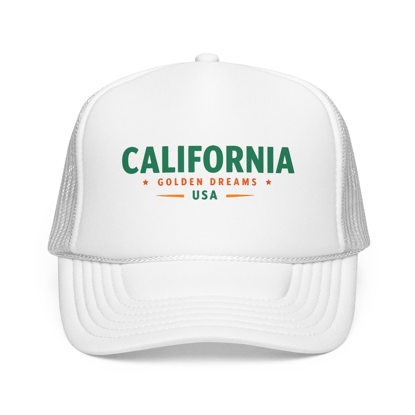 White trucker hat with mesh sides and green “California” logo on the front panel