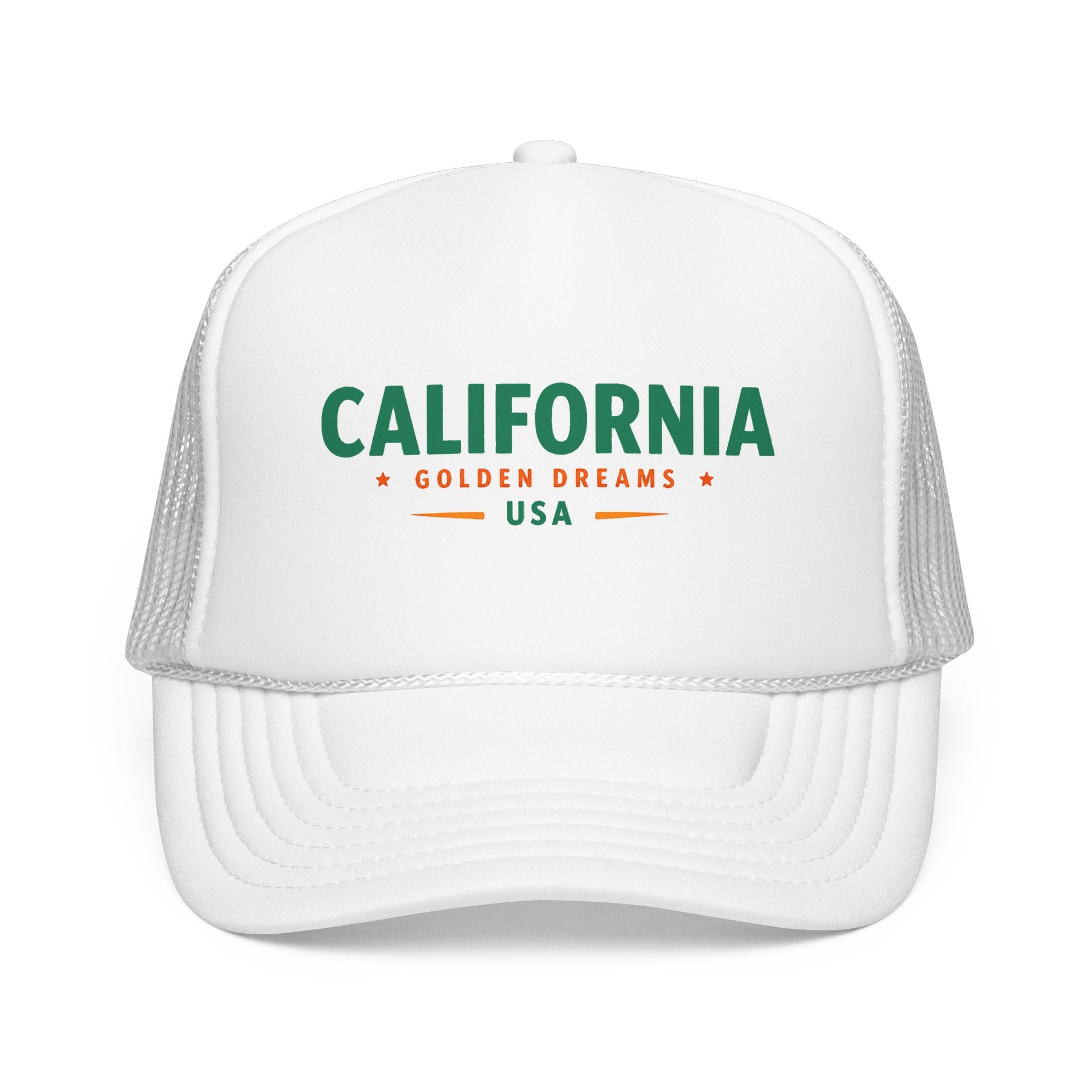 White trucker hat with mesh sides and green “California” logo on the front panel