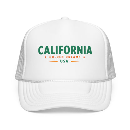 White trucker hat with mesh sides and green “California” logo on the front panel