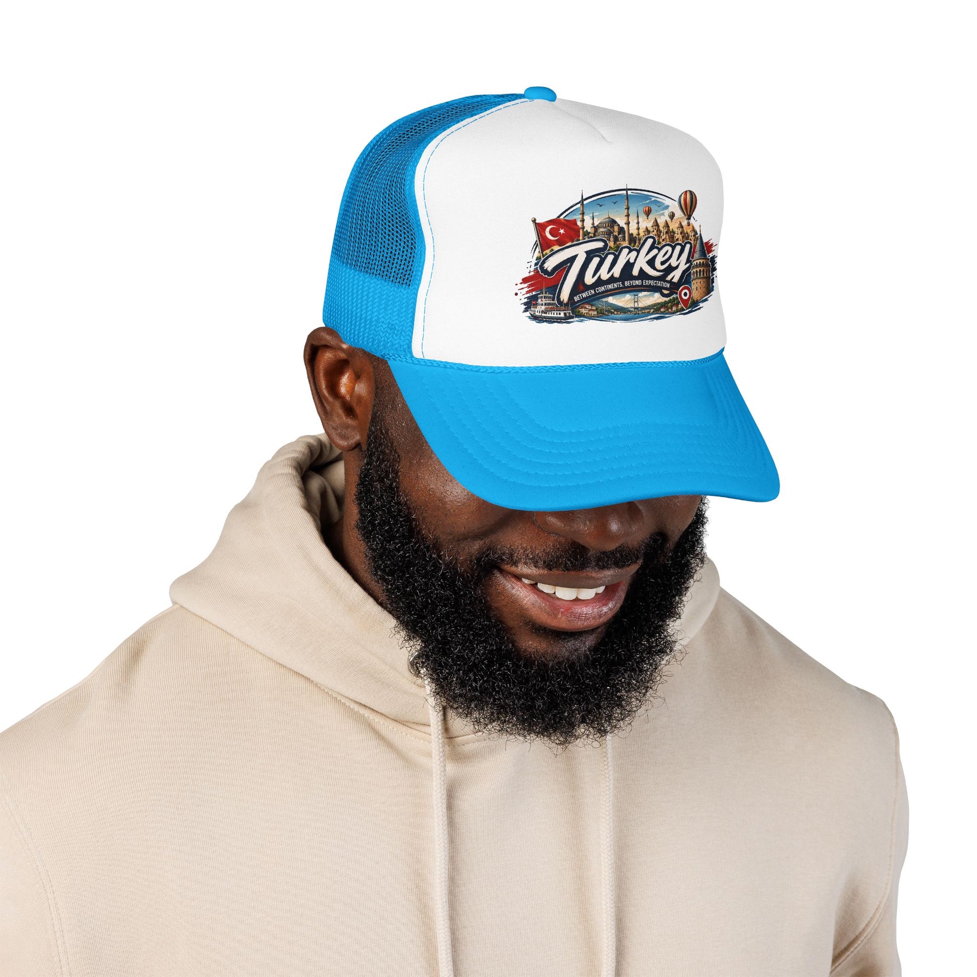 Blue-and-white trucker cap worn with front Turkey graphic patch