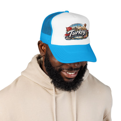 Blue-and-white trucker cap worn with front Turkey graphic patch