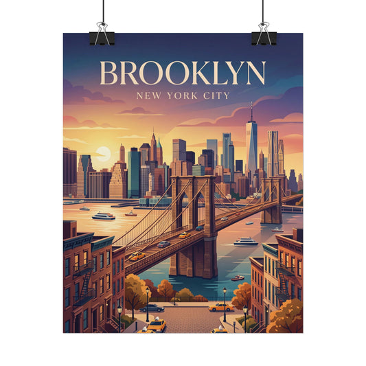 Rolled poster: Brooklyn skyline sunset with bridge artwork and text