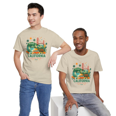 Beige T-shirt with colorful California graphic print and crew neck