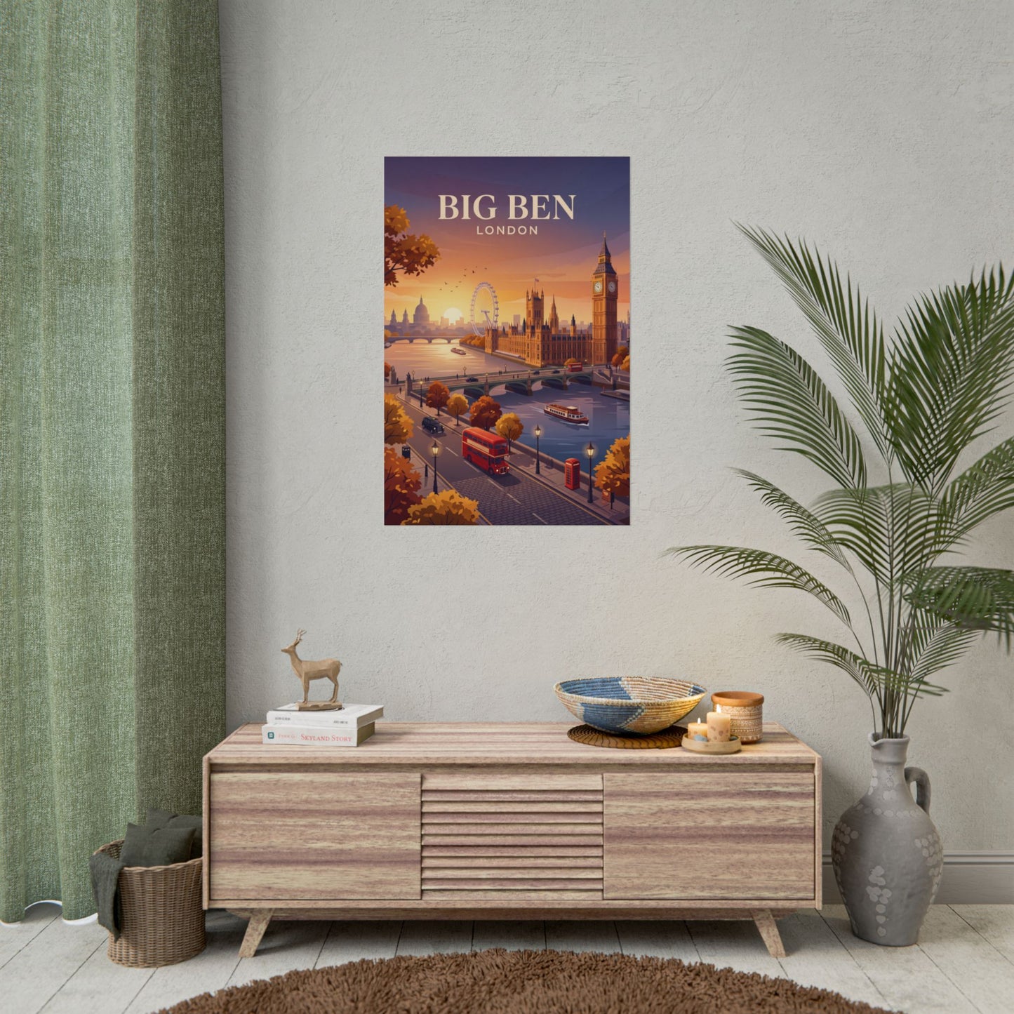 Vertical travel poster with Big Ben tower and ferris wheel city scene