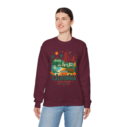 Maroon crewneck sweatshirt with colorful California graphic center front.