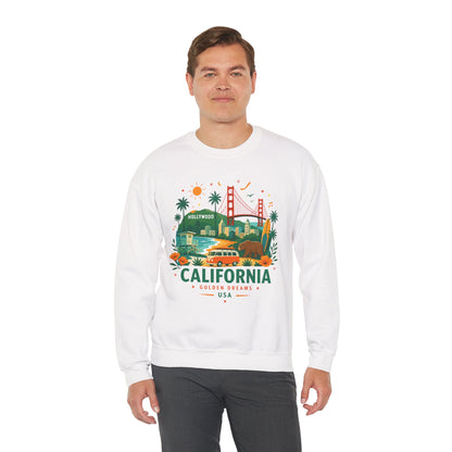 White crewneck sweatshirt with colorful California graphic on the front.