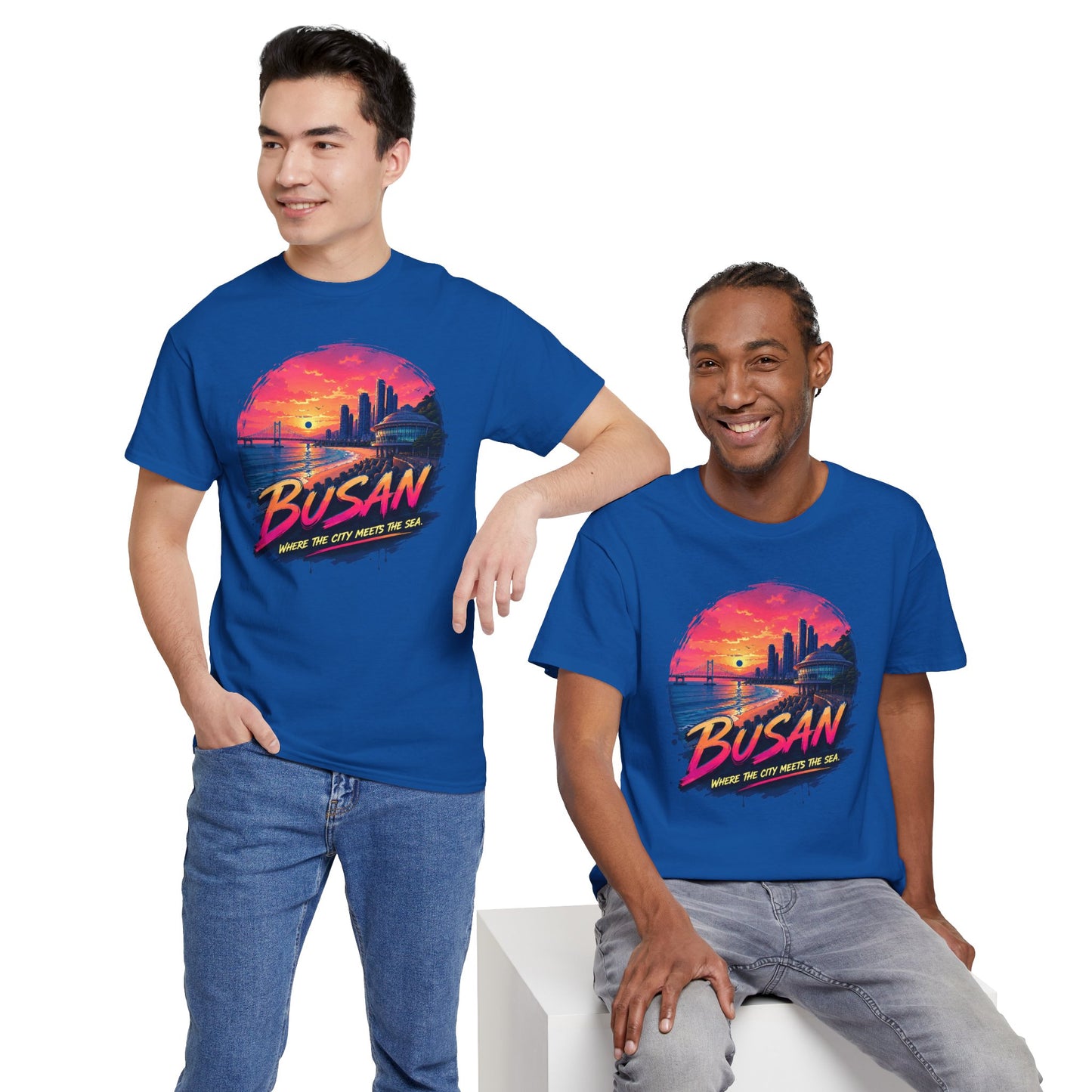 Navy crew-neck T-shirt with Busan sunset print on front, worn by two people