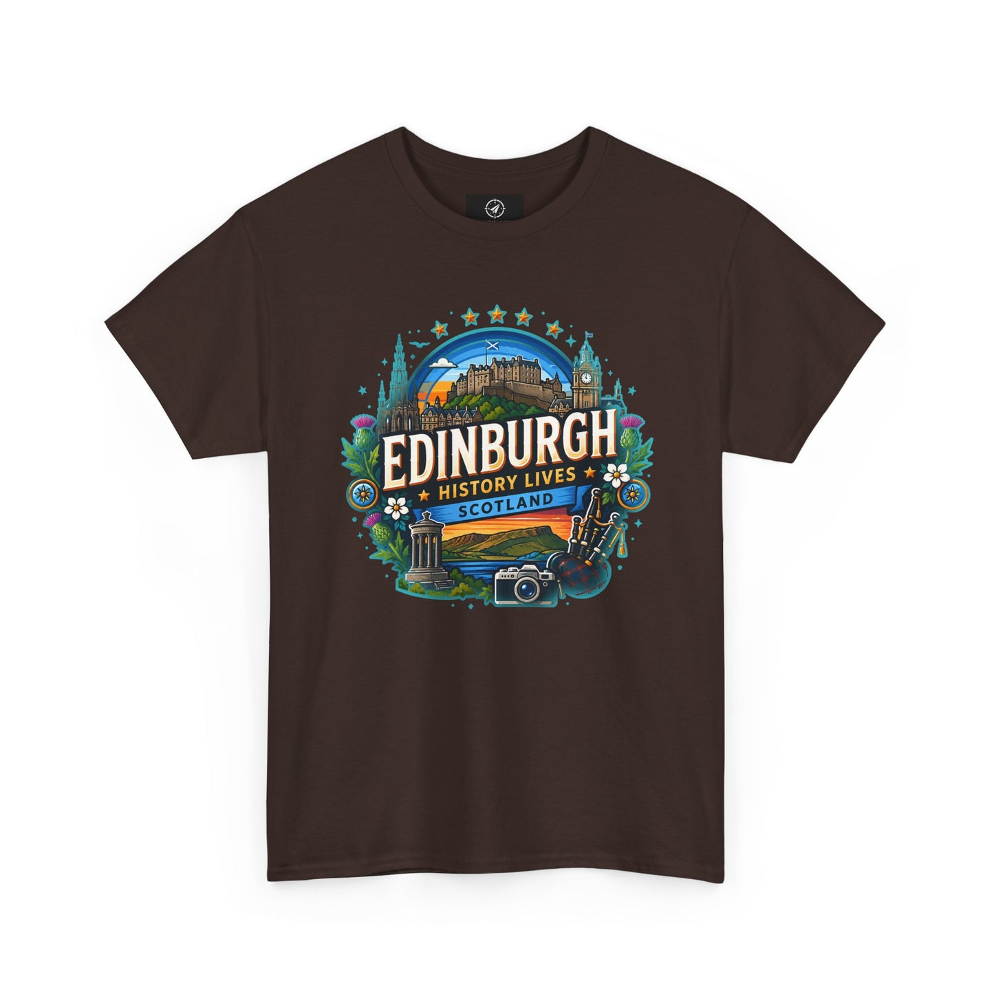 Charcoal crew-neck travel T-shirt with colorful Edinburgh graphic on the front