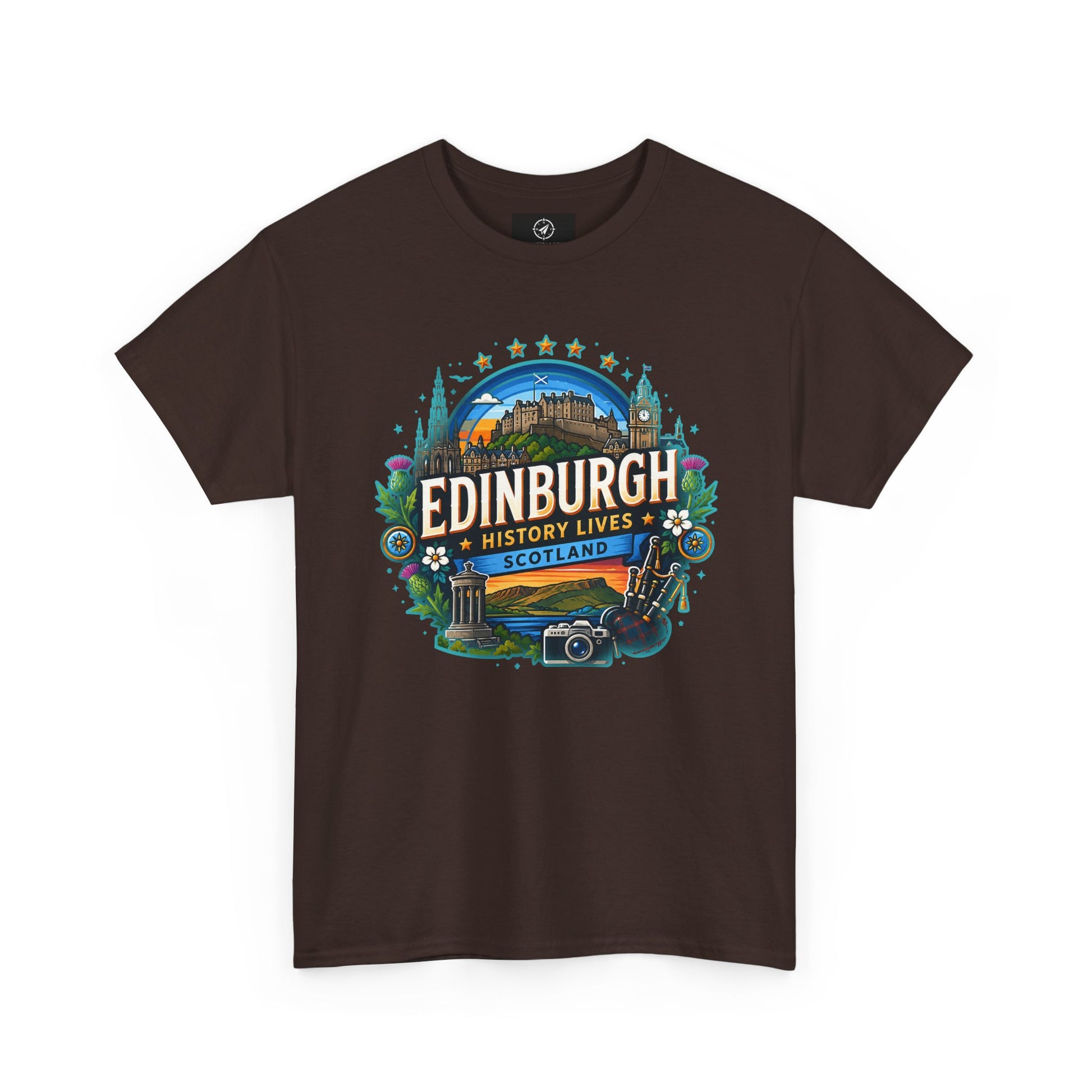 Charcoal crew-neck travel T-shirt with colorful Edinburgh graphic on the front