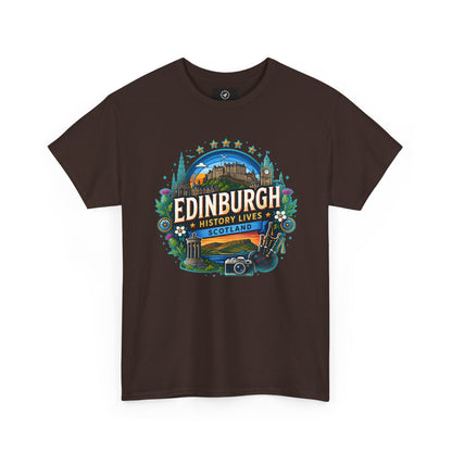 Charcoal crew-neck travel T-shirt with colorful Edinburgh graphic on the front