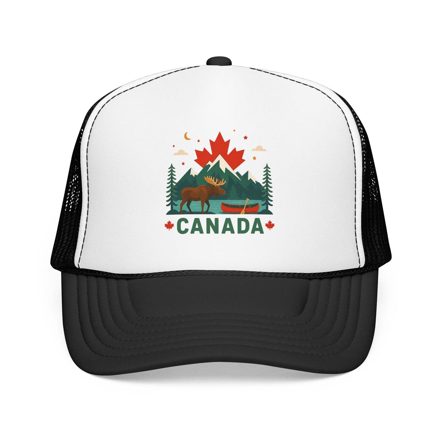 White/black Canada moose trucker hat with 'CANADA' graphic and dark brim