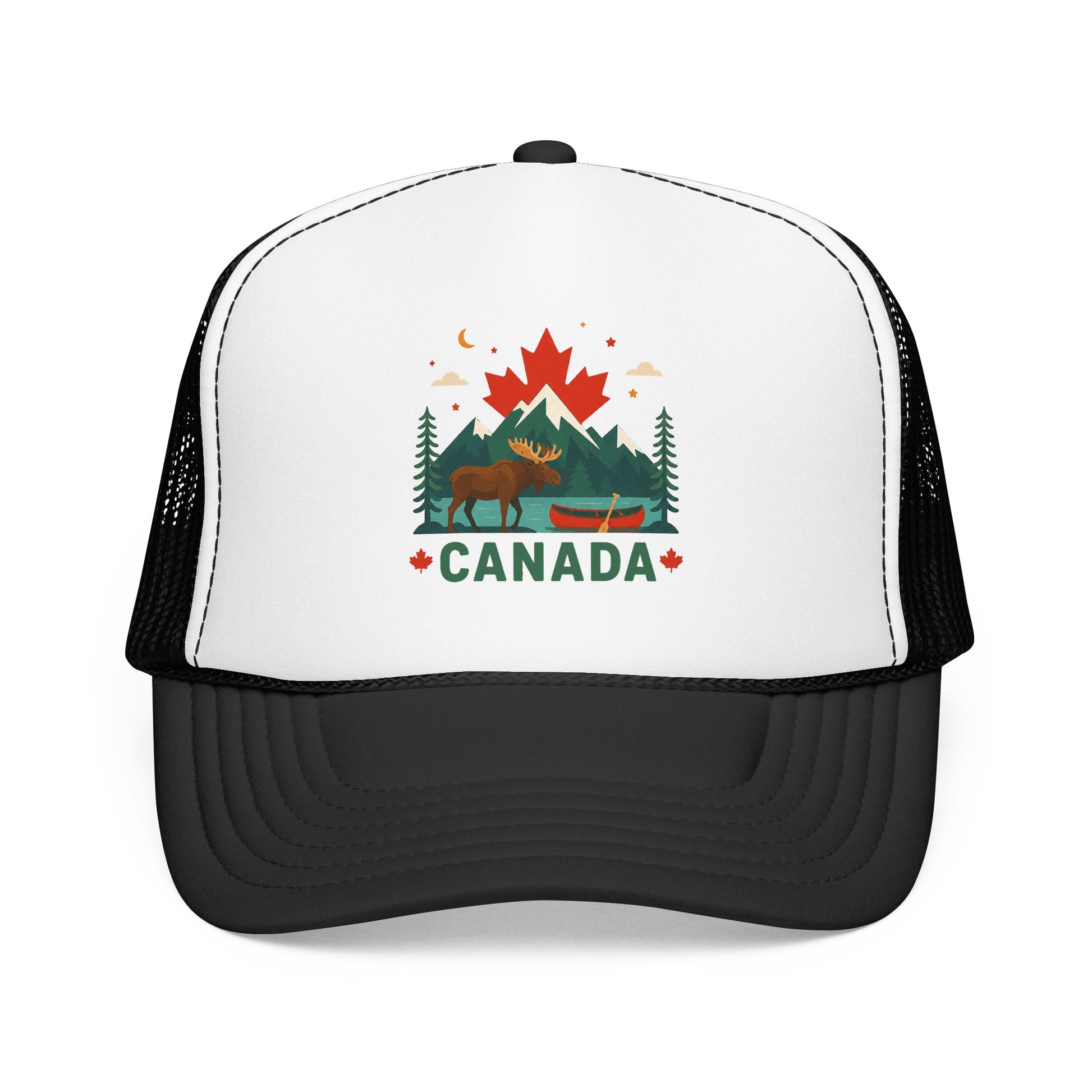 White/black Canada moose trucker hat with 'CANADA' graphic and dark brim