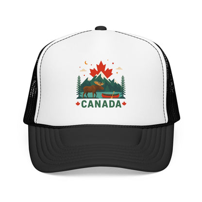 White/black Canada moose trucker hat with 'CANADA' graphic and dark brim