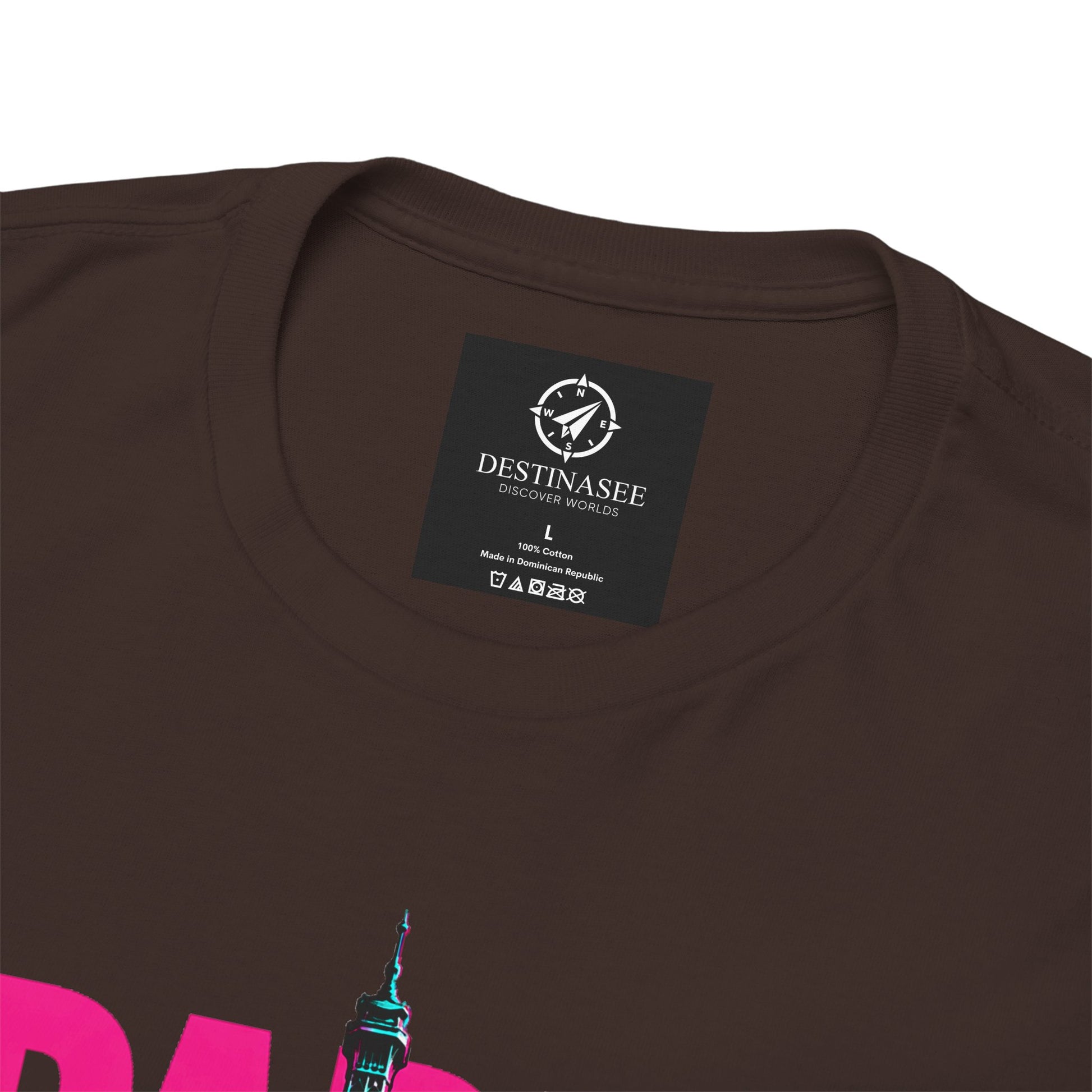 Crew-neck T-shirt, dark brown; chest shows partial Eiffel Tower and small neck label