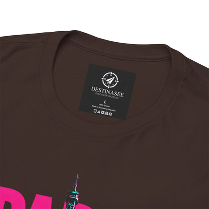 Crew-neck T-shirt, dark brown; chest shows partial Eiffel Tower and small neck label
