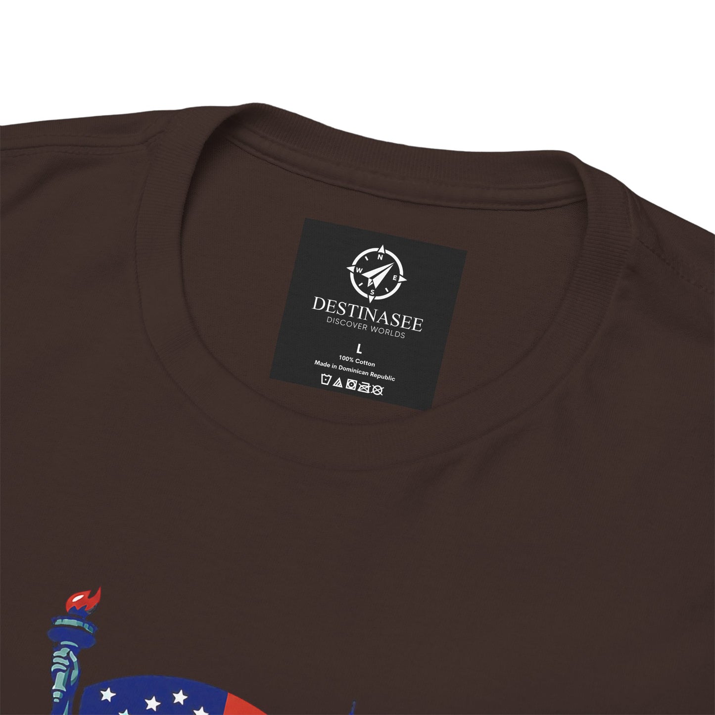 Dark brown T-shirt close-up of neckline label with partial front graphic