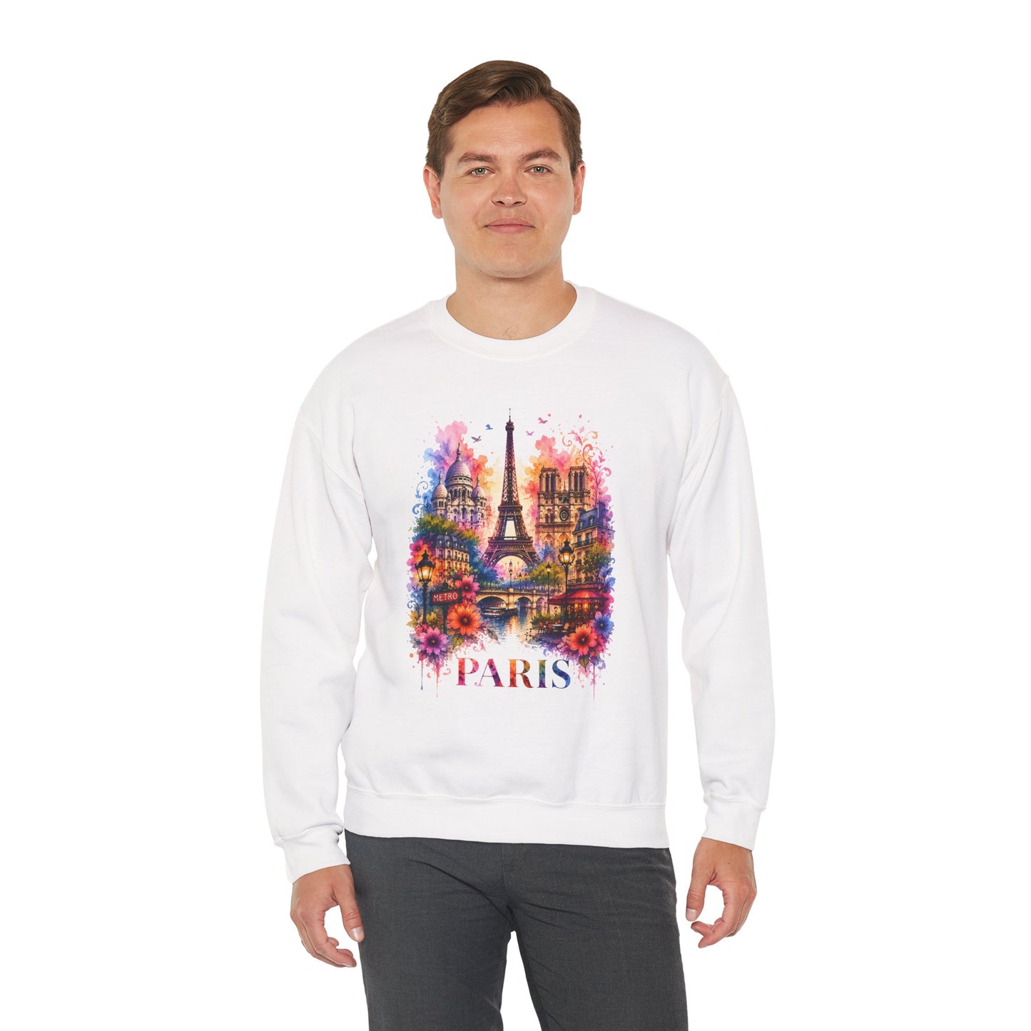 White sweatshirt on model with colorful Eiffel Tower floral graphic and "PARIS" text