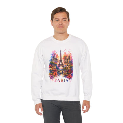 White sweatshirt on model with colorful Eiffel Tower floral graphic and "PARIS" text