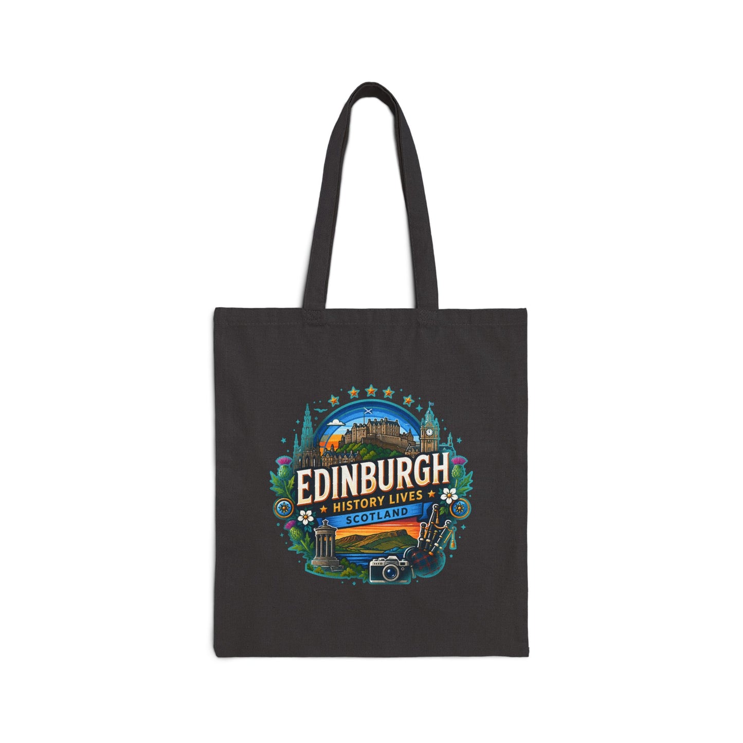 Black canvas tote bag with Edinburgh history lives Scotland logo print