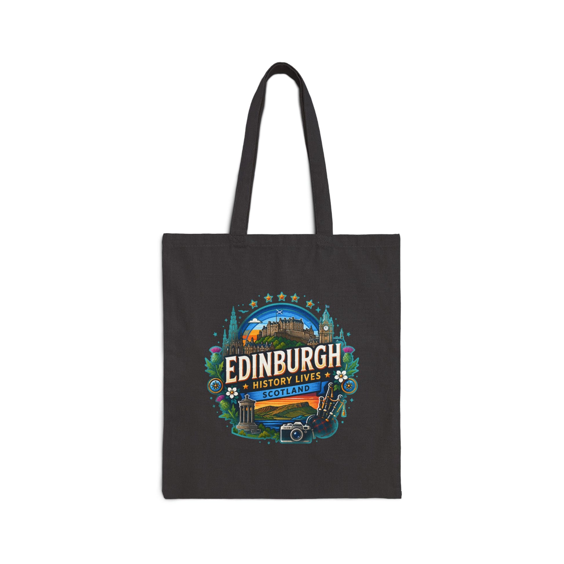 Black canvas tote bag with Edinburgh history lives Scotland logo print