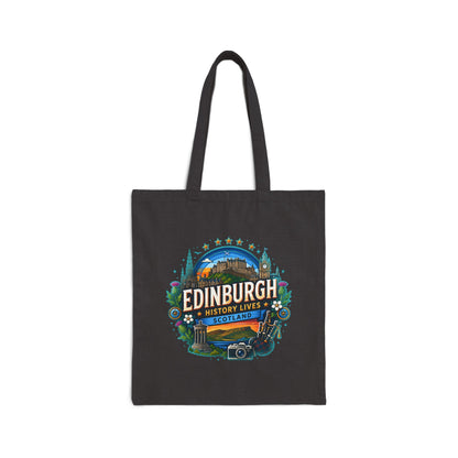 Black canvas tote bag with Edinburgh history lives Scotland logo print