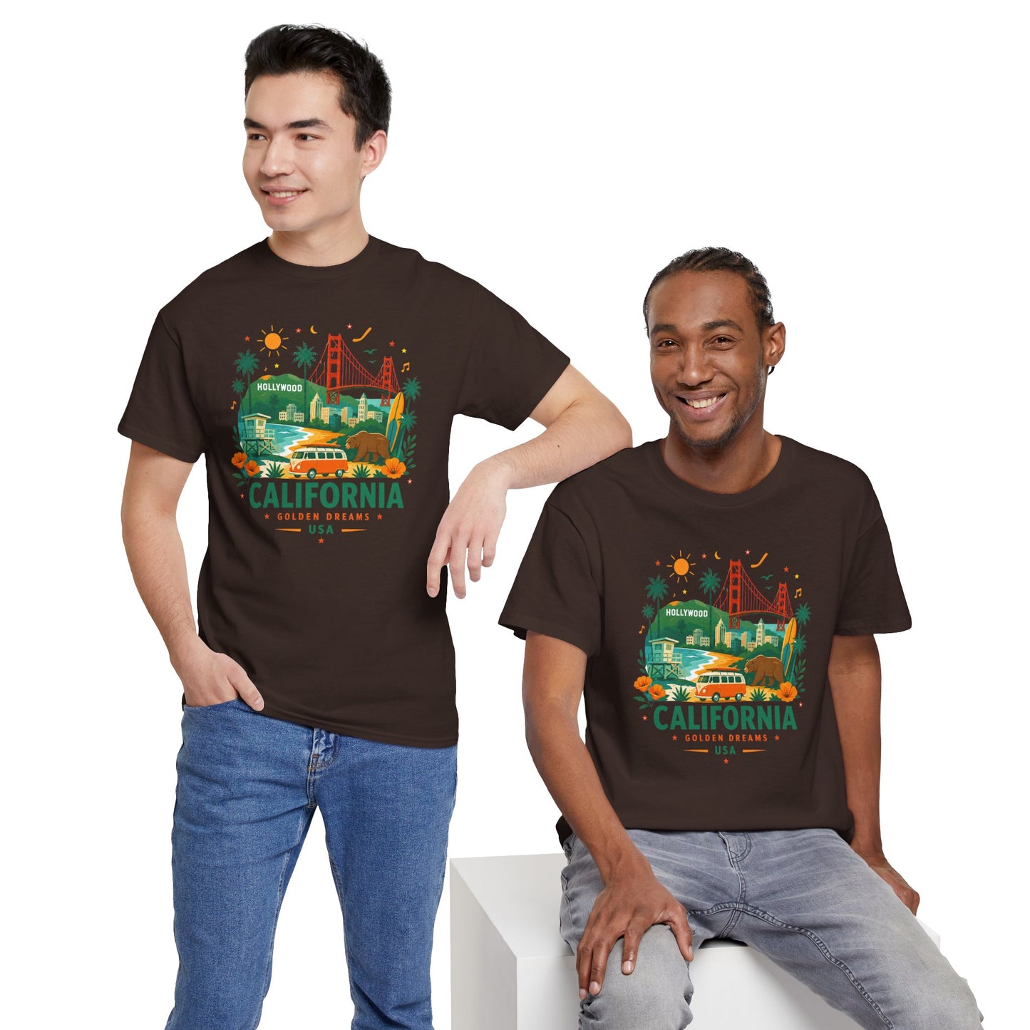 Dark T-shirt with colorful California city graphic; worn by two people.