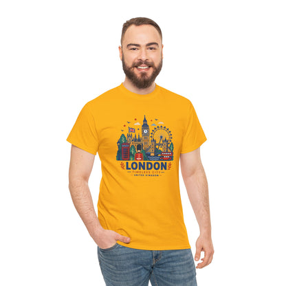 Yellow crew-neck T-shirt with colorful London skyline graphic on the chest.