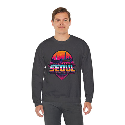 Dark gray crewneck sweatshirt with Seoul cityscape chest graphic