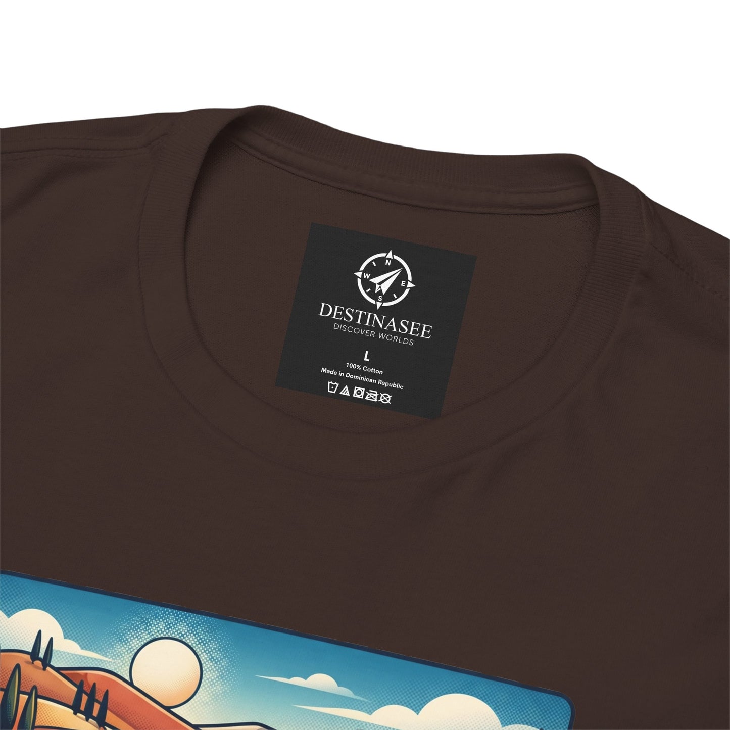 Dark brown T-shirt neck label with small logo and partial colorful graphic